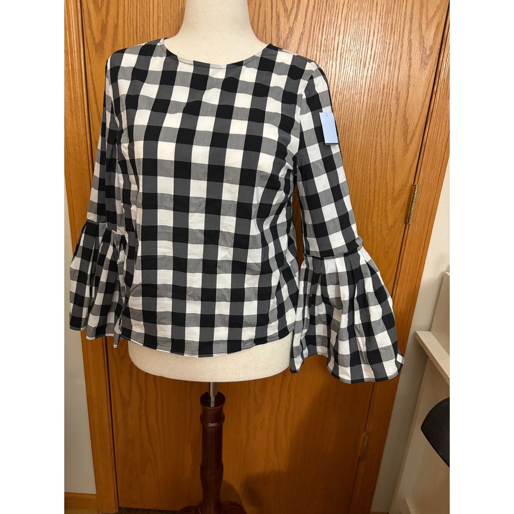 Sunday in Brooklyn Black White Buffalo Plaid Bell Sleeve Blouse Top Medium